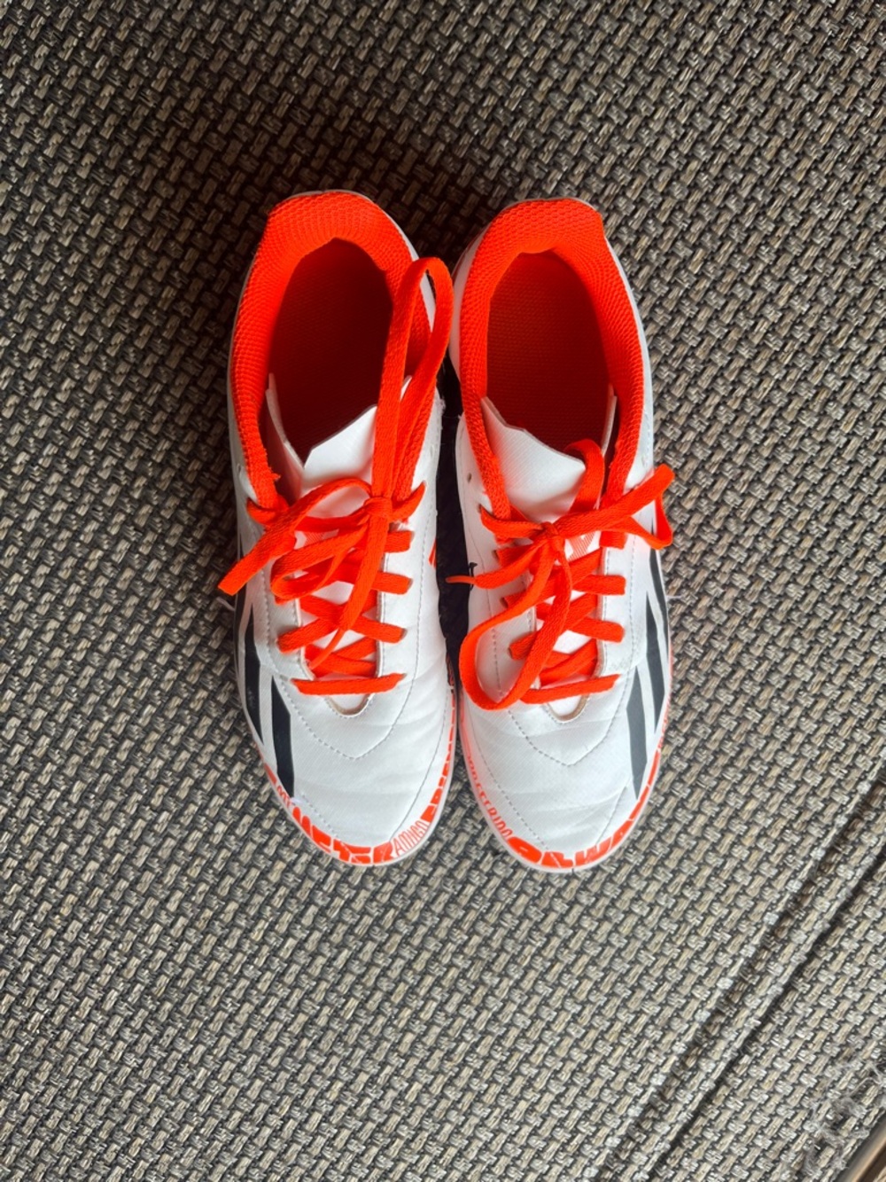 Kids White and Orange Adidas Messi Futsal Shoes